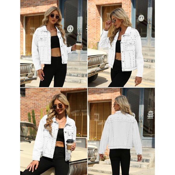 Dressy Studded White Cropped Jean Jacket Women Western Distressed Denim Coat - Picture 3 of 5